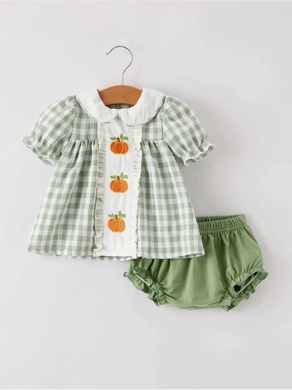 Rylee Faith Fall Thanksgiving Appliqué Plaid Girls Bloomers Romper Set